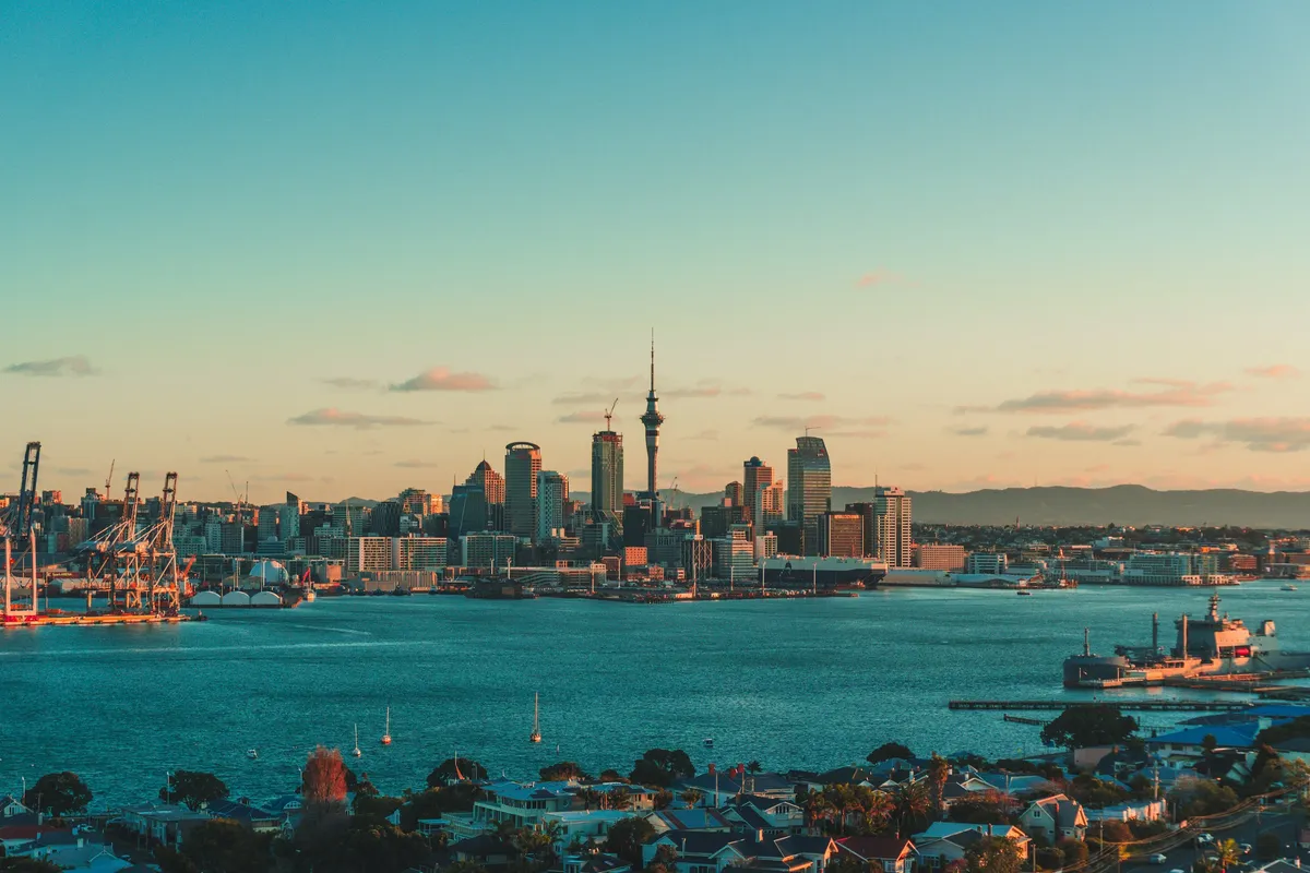 Auckland city skyline at sunset