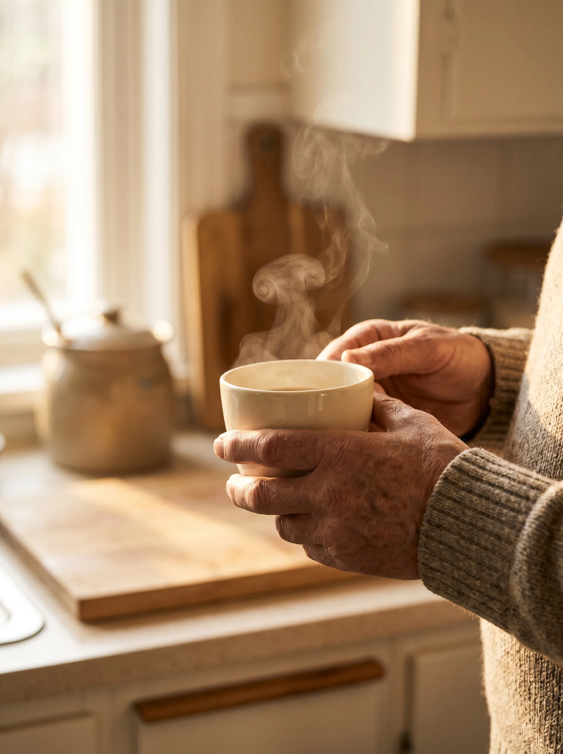 Hands holding a warm cup, soft Wellington morning light. Gentle dignity, no patient face.