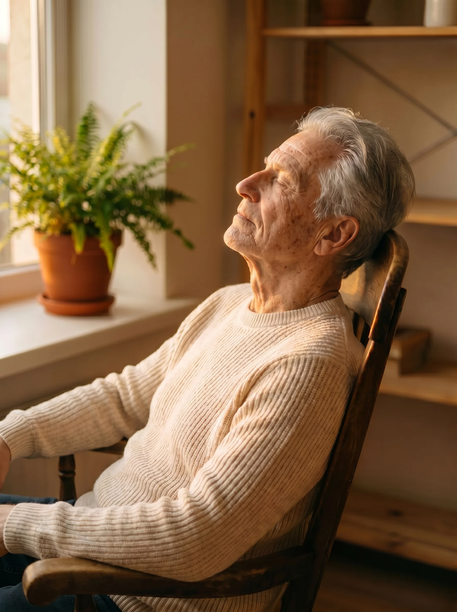Older man in calm breathing posture during upper airway therapy assessment.